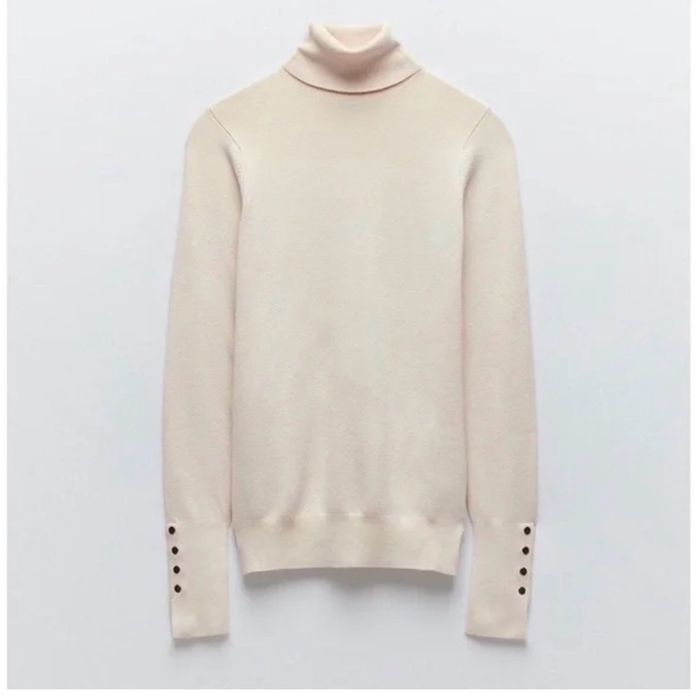 Zara - Turtleneck Button-Cuff Sweater - Cream